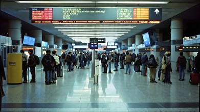 Airport gate with a crowd of waiting passengers, AI generated