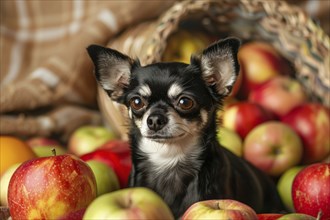 Small chihuahua dog between apples. Generative AI, AI generated