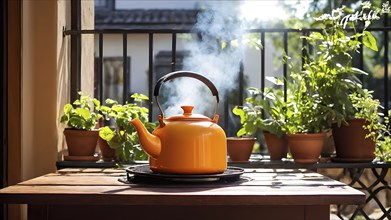 Orange colored tea kettle whistling on a rustic wooden table in soft morning sunlight, AI generated