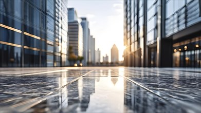 Marble ground with smooth reflective surface framing a view of a contemporary cityscape, AI