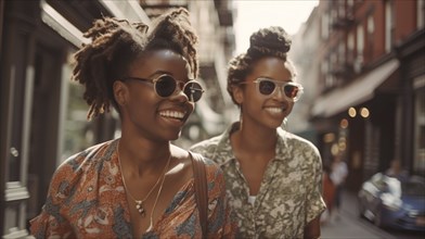 Vacationing attractive young african american couple walking through the streets of europe,