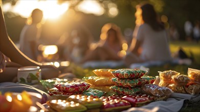 Picnic scene with healthy food and snacks in a sunny park, AI generated