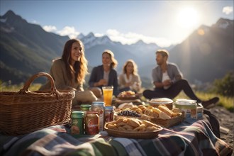 Picnic scene with healthy food and snacks in a mountain scenery, AI generated