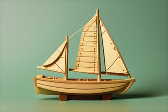 Vintage wooden sailing ship toy with a playful design in front of blurred background, AI generated