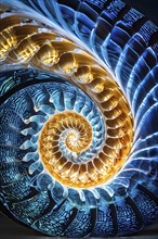 Abstract piece showcasing the spiral patterns found in seashells, AI generated