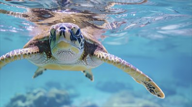 A turtle is swimming underwater in the ocean. The water is clear and turquoise, AI generated