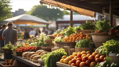 Fresh vibrant organic fruits and vegetables at a bustling farmers market, AI generated