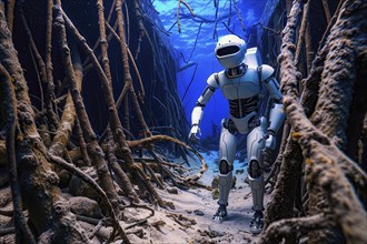 Futuristic humanoid robot inspecting a shipwreck underwater, AI generated