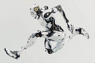 Futuristic humanoid cyborg running in front of a white background, AI generated