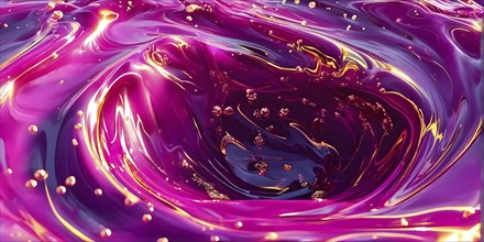 Digital art illustration of a liquid whirlpool swirling with magenta and golden tones, AI generated