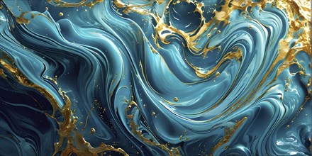 Digital art illustration of a liquid whirlpool swirling with cyan and golden tones, AI generated