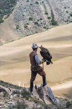 Traditional Kyrgyz eagle hunter hunting in the mountains in a dry landscape, near Kysyl-Suu, Issyk