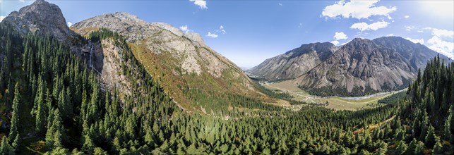 Mountain panorama, aerial view, Barskon or Barskoon waterfall, mountain landscape with waterfall in