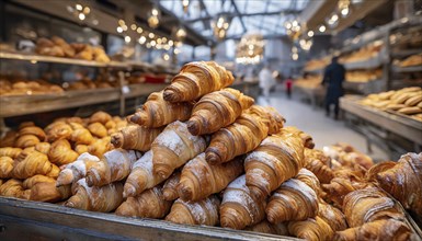 Food, baked goods, many different croisants in a bakery, AI generated, AI generated