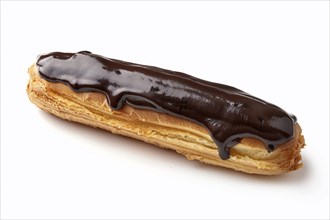 Chocolate eclair pastry on white background. KI generiert, generiert, AI generated