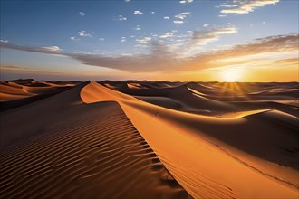 First light of dawn illuminating the endless dunes of the Sahara, AI generated