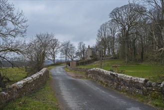 View of a bridge and a house along a small road, landscape photograph, landscape photo, Lake