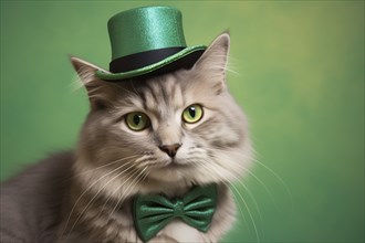 Cat with green St. Patrick's day tophat and bowtie on studio background. KI generiert, generiert AI