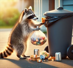 A raccoon raids a rubbish bin and stows food in a plastic bag, AI generated, AI generated