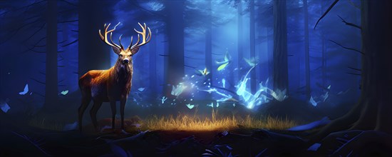 AI generated wildlife image of a deer in a mystic glowing forest enhanced with digital art