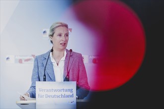 Alice Weidel, Federal Chairwoman of the AfD (Alternative for Germany), speaks to the media in front