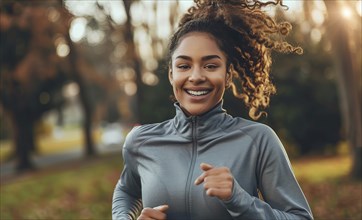 A woman runner running and jogging in a park. Active lifestyle, training for endurance, AI