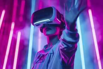 Video gaming player in VR headset playing virtual reality games in 3D VR equipment, AI generated