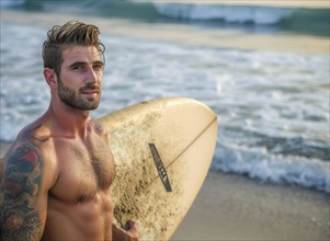 Fit and handsome male surfer holding a surfboard on ocean shore. Vacation and travel lifestyle, AI