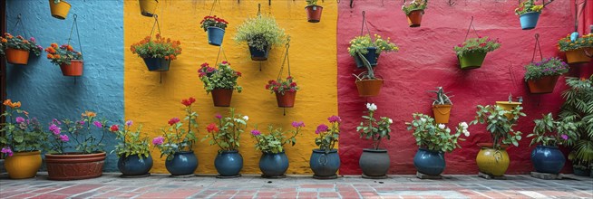 Typical architecture of Mexican colonial colorful houses in historic city center, AI generated