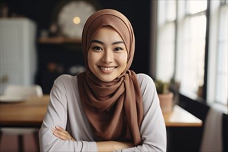 Muslim Asian woman with hijab at table. KI generiert, generiert, AI generated