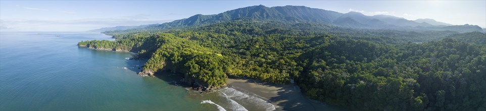 Aerial view, ocean and coast with rainforest, Playa Ventanas, Puntarenas province, Costa Rica,