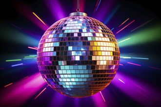 A disco ball is suspended from the ceiling at party in nightclub, reflecting the lights and