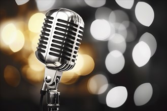 Microphone on a microphone stand with a blurry coloful background, AI generated