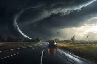 Disaster catastrophe storm concept, tornado in a field in the USA with car on road driving towards