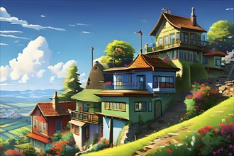 Atmospheric watercolor illustration showcasing charming houses balancing on a hilly scenery, AI