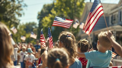 Friends and family celebrating the american holiday at the parade. generatvie AI, AI generated