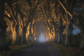 Evening lighting mood in an avenue of trees in autumn, AI generated, AI generated, AI generated