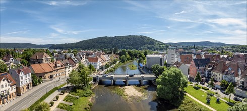 Aerial view, panorama from the town of Tuttlingen across the Danube to the Danube bridge Gross