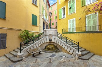 France, French Riviera, Villefranche old city streets in historic city center near sea promenade,