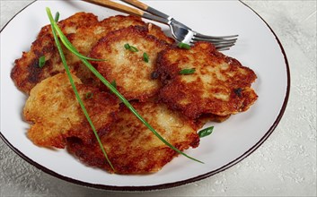 Potato pancakes, pancakes with sour cream, Belarusian dish, homemade, no people