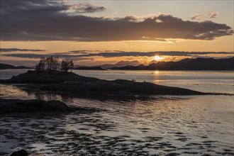 Sunset over the sea south of Mallaig, island, fishing equipment, Scotland, UK