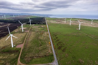 Drone hill windfarm west of St. Abbs, scottish east coast, aerial view, Scotland, UK