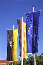 Flags: Europe, Germany, Saxony-Anhalt in front of a blue summer sky, Europe