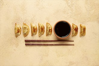 Japanese fried dumplings, gyoza, sesame seeds, top view, no people