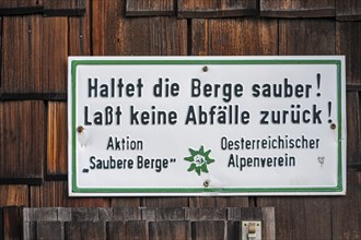 Keep the mountains clean! Don't leave any rubbish behind! Sign at a mountain hut, Carnic Alps,