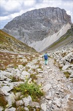 Hiker on hiking trail, mountain peak Roßkopf, Carnic Main Ridge, Carnic High Trail, Carnic Alps,