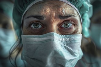 Close up of sad face of middle-aged nurse with surgical face mask. KI generiert, generiert, AI