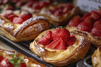 Close up of pastries with strawberry fruits. KI generiert, generiert, AI generated