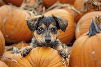 Close up of young dog puppy between large orange pumpkins in pumpkin patch. Generative Ai, AI