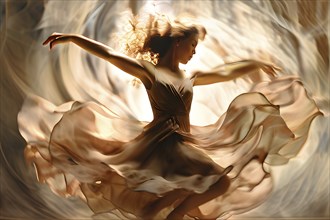 AI generated vintage photograph capturing a dancer in mid twirl movements traced with modern